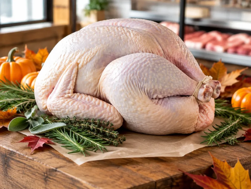 Whole fresh raw turkey on butcher paper with fresh herbs and small pumpkins